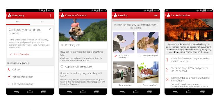 Herramientas tecnológicas como aplicaciones ayudan a los dueños a cuidar, entretener y entrenar a sus mascotas, como  Pet First Aid. (Foto Prensa Libre, tomada de Google Play)