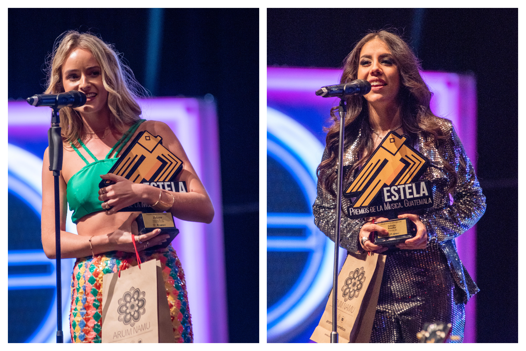 Stephanie Zelaya y Fabiola Roudha fueron las máximas galardonadas de los Premios Estela 2022. (Foto Prensa Libre: cortesía Premios Estela).
