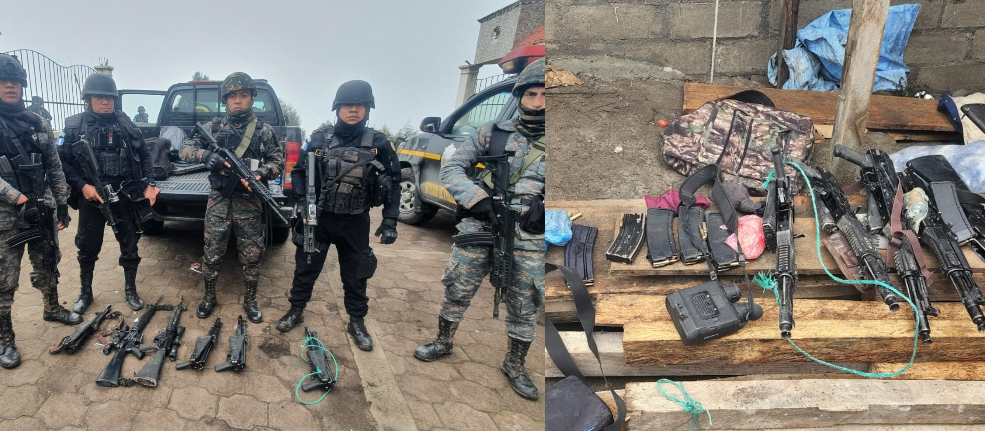 Militares y policías localizaron fusiles, cargadores con municiones, visores nocturnos y equipo de protección personal en una construcción sin finalizar, entre el área de conflicto de Ixchiguán y Tajumulco San Marcos. Foto Ejército GT.