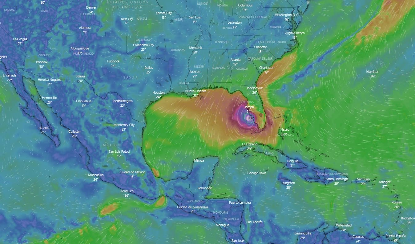Huracán Ian se fortalece a categoría 5 en su camino a Florida. (Foto Prensa Libre: Windy.com)