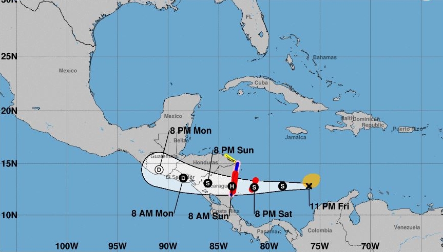 Trayectoria prevista de la tormenta tropical Julia, la que podría impactar en varios departamentos de Guatemala. (Foto Prensa Libre: Centro Nacional de Huracanes de EE. UU.)