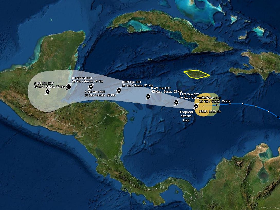 Ubicación y posible trayectoria de la tormenta Lisa que se forma en el Caribe y que impactaría Guatemala y Centroamérica. (Foto Prensa Libre: Noaa)