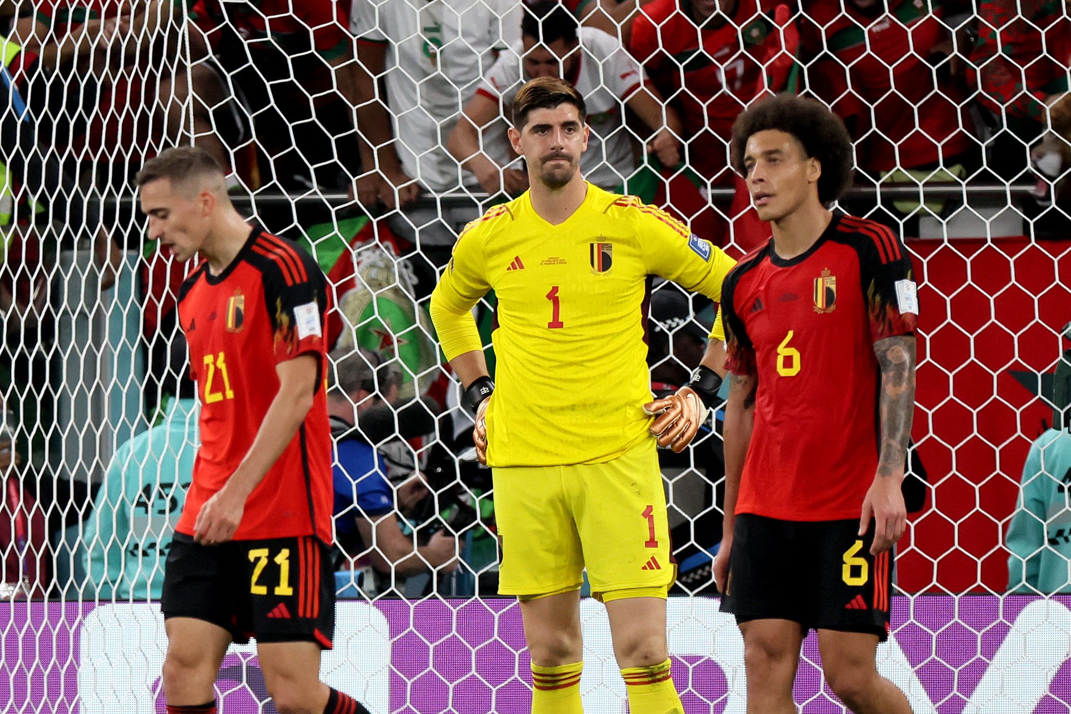 Thibaut Courtois no tuvo su mejor actuación con la camiseta de Bélgica en el partido ante Marruecos en Qatar 2022. Foto Prensa Libre (AFP)