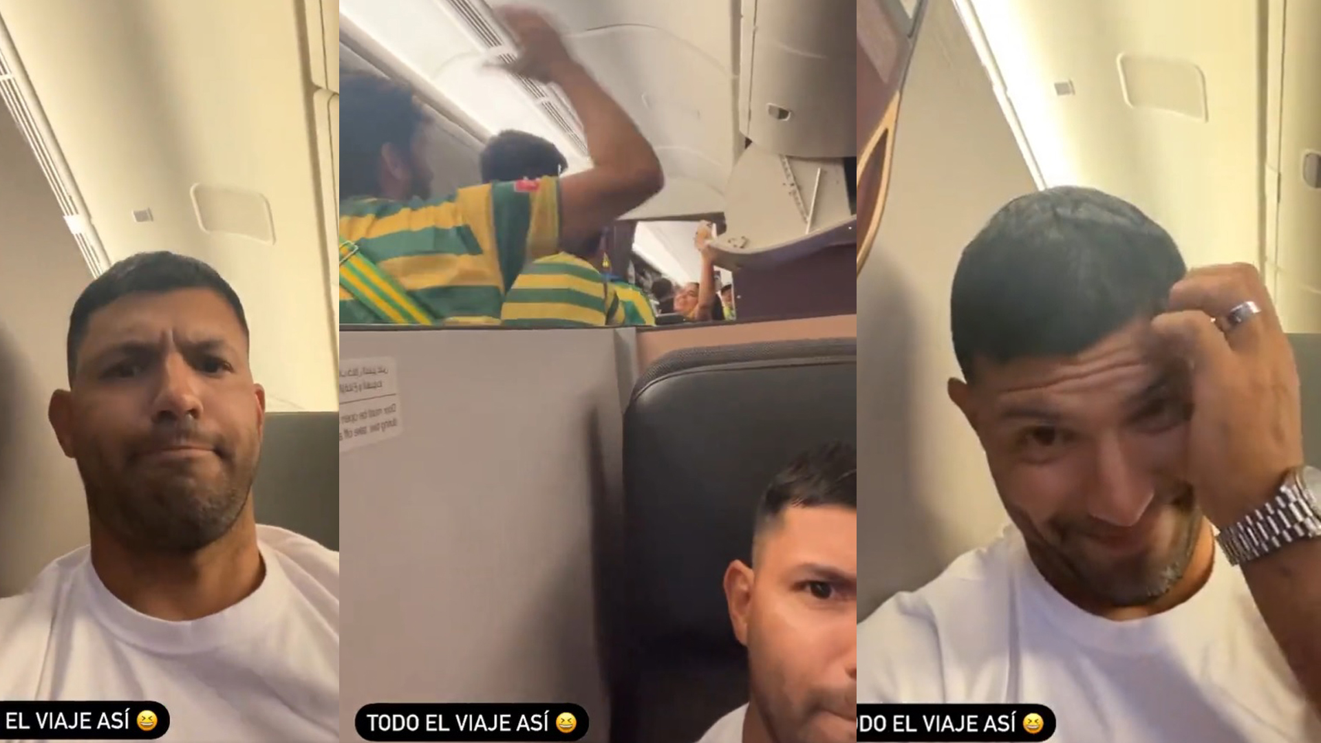Agüero nunca imaginó que compartiría el mismo vuelo hacia Qatar con aficionados brasileños. (Foto Prensa Libre: Captura de Pantalla)