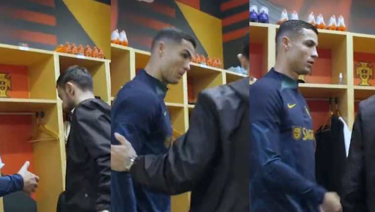 Bruno Fernandes saludó de una manera muy forzada y fría a Cristiano en el vestuario de Portugal. (Foto Prensa Libre: Captura de Pantalla)