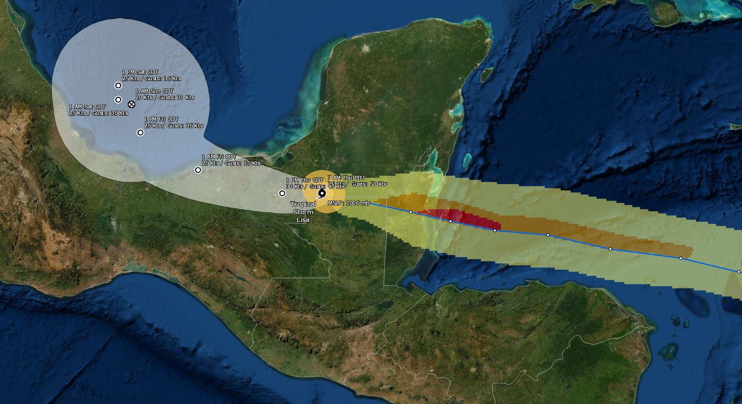 Tormenta Lisa sale de Guatemala y va rumbo a Campeche, México. (Foto Prensa Libre: NOAA)