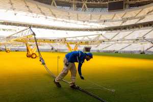 Un nuevo campo que crece bajo luces artificiales en el estadio más importante en Lusail, Catar, el 13 de junio de 2022. 