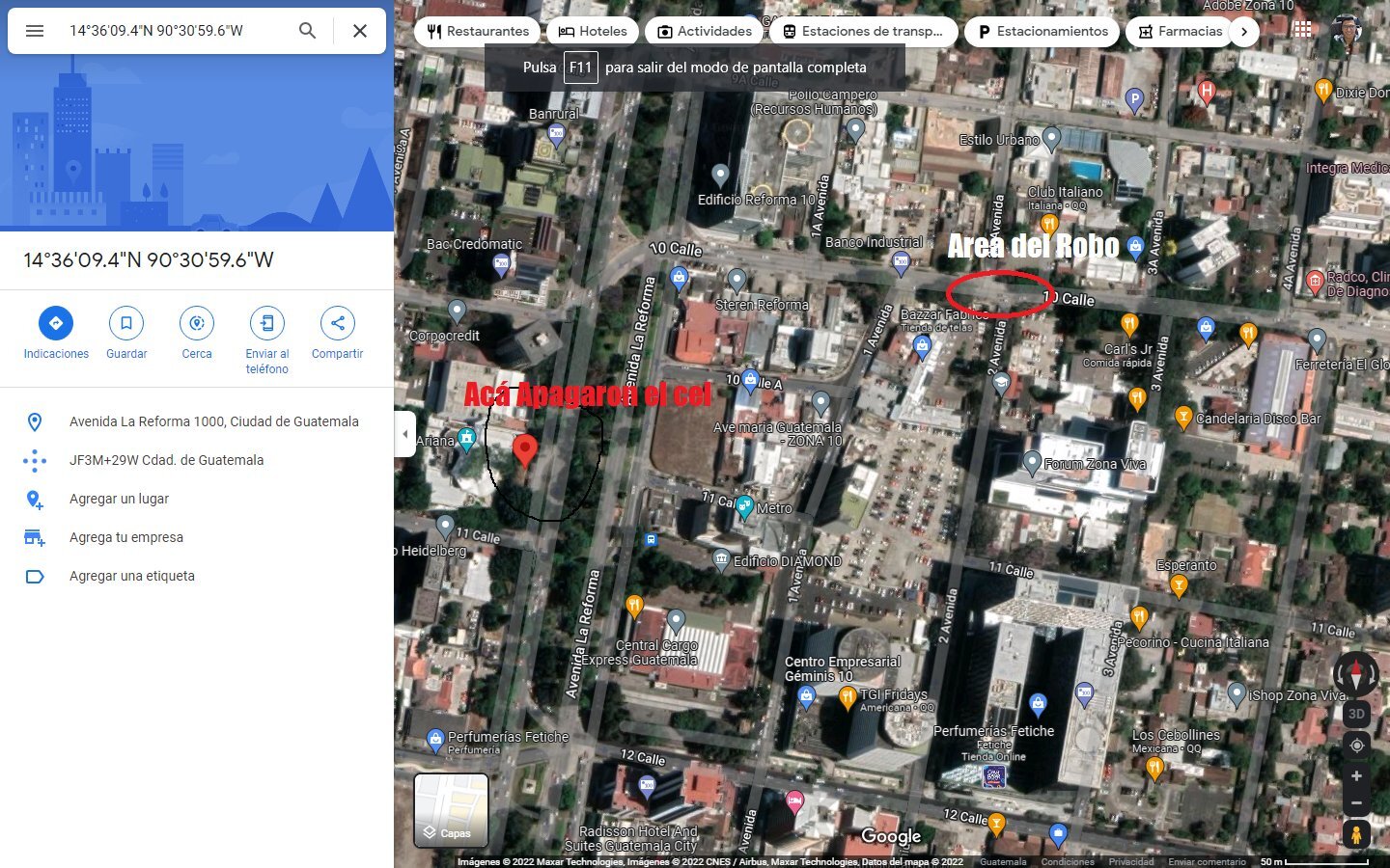 Usuario de Twitter denuncia asalto en zona 10 y comparte la ubicación del incidente y el lugar donde apagaron su teléfono . (Foto Prensa Libre: usuario de Twitter)