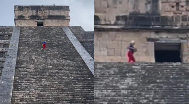 Video: el polémico momento en que una turista rompe la ley y sube una pirámide en Chichén Itzá