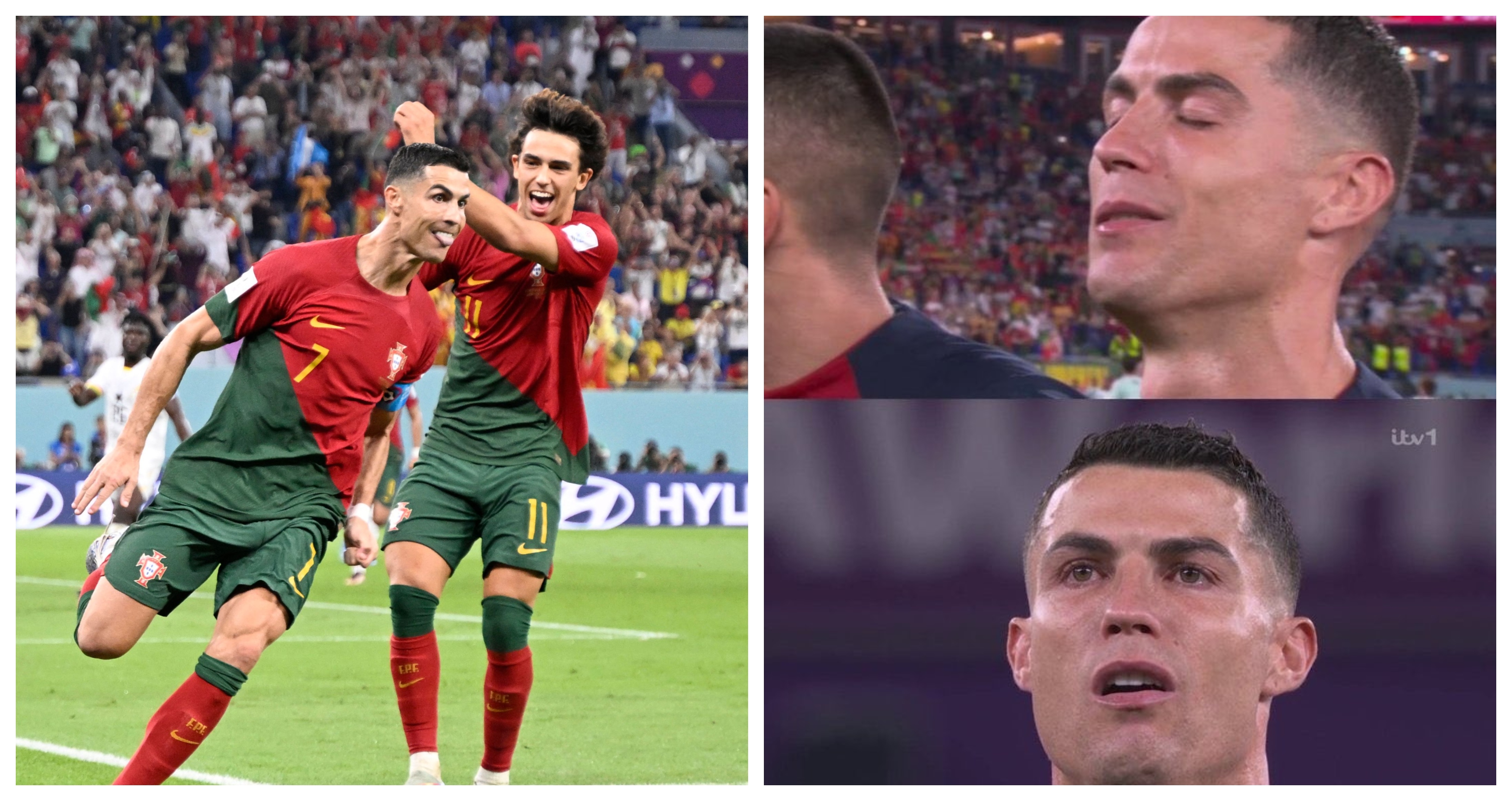 Cristiano Ronaldo vivió su debut en Qatar 2022 con muchas emociones. (Foto Prensa Libre: AFP y capturas)