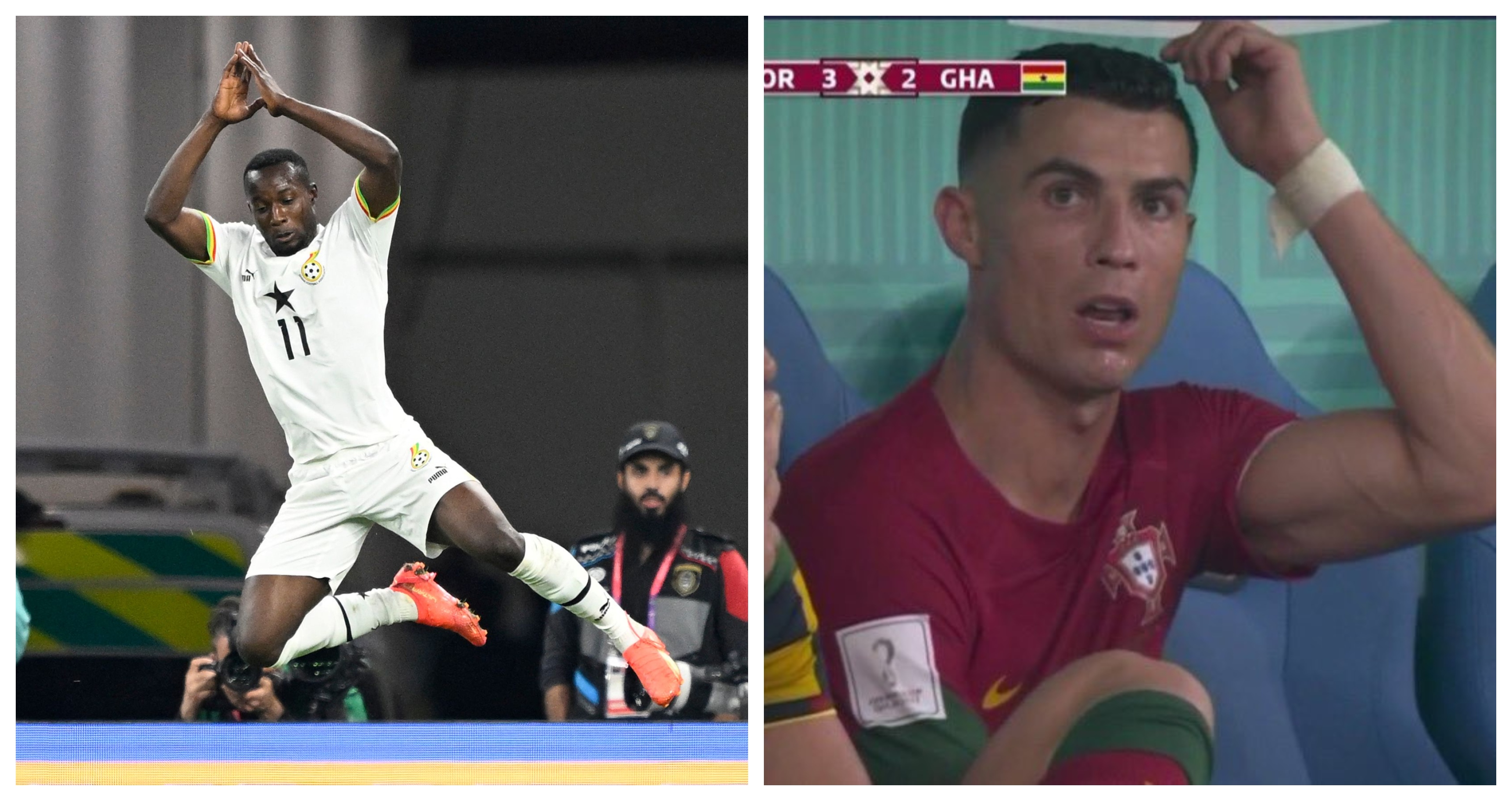 Osman Bukari celebra como Cristiano Ronaldo, en el duelo entre Ghana y Portugal. (Foto Prensa Libre: AFP y captura)