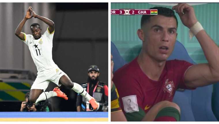 Osman Bukari celebra como Cristiano Ronaldo, en el duelo entre Ghana y Portugal. (Foto Prensa Libre: AFP y captura)