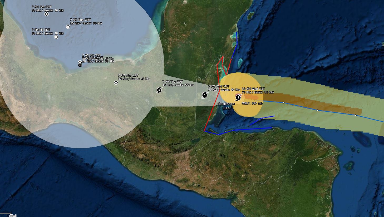 Trayectoria del huracán Lisa, que tocará tierra e Belice y afectará el norte de Guatemala con lluvia y fuertes vientos. (Foto Prensa Libre: NOAA)
