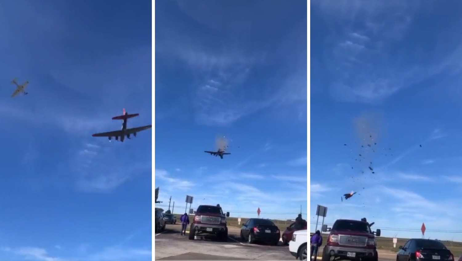 Dos aviones chocaron durante un espectáculo aéreo en Estados Unidos. (Foto Prensa Libre: @AlertaNews24/Twitter) 