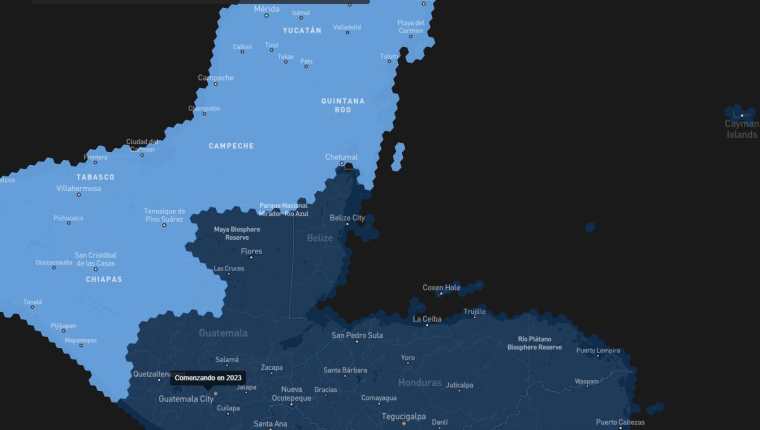 Mapa de cobertura de Starlink que anuncia que el servicio de internet satelital estará disponible en Guatemala a partir de 2023. (Foto Prensa Libre: captura de pantalla Starlink Map)