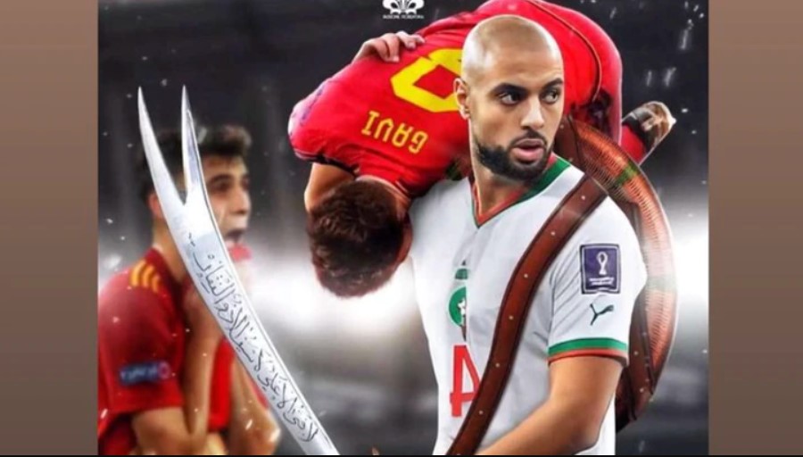 El "meme" más polémico fue el de Amrabat llevando en hombros a Gavi con una espada samurái en la mano. (Foto Prensa Libre: Redes Sociales)