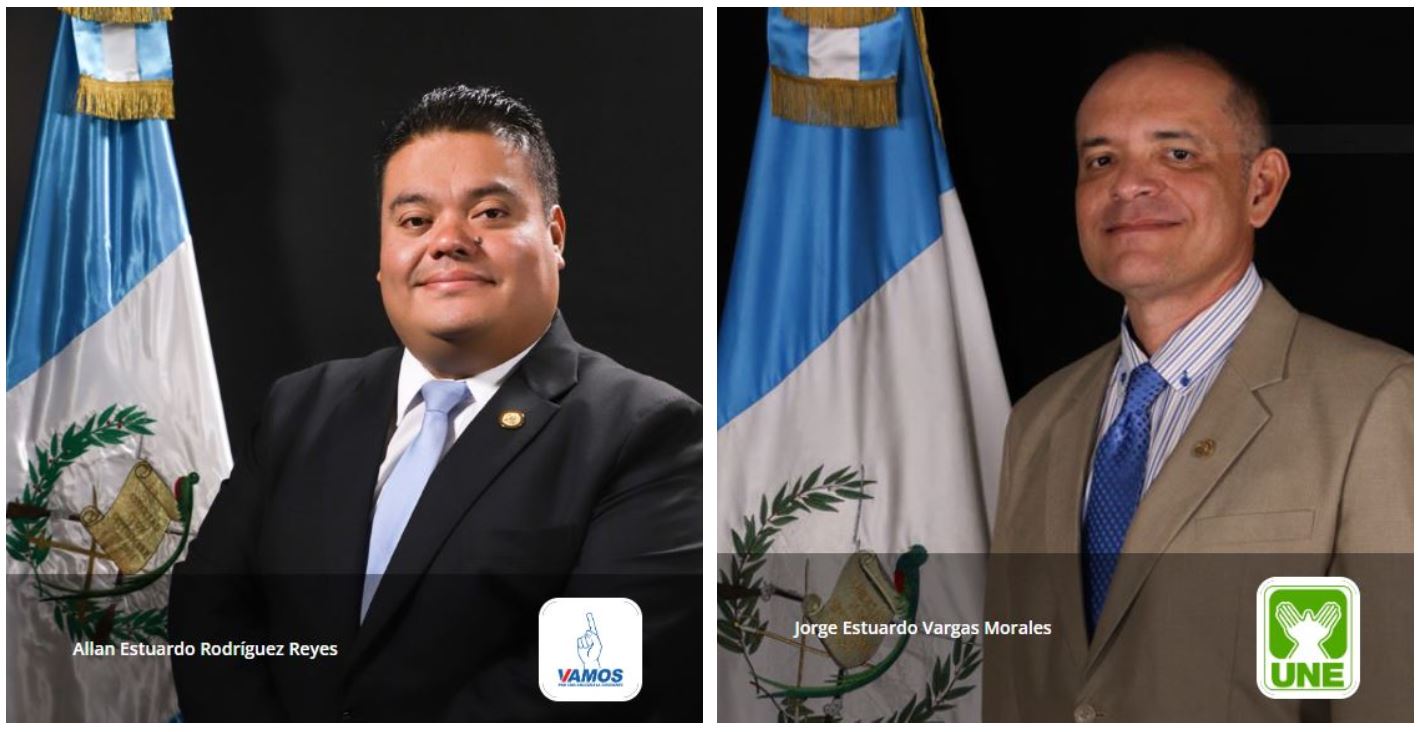 Los diputados Allan Estuardo Rodríguez Reyes (Vamos) y Jorge Estuardo Vargas Morales (UNE) fueron sancionados por la Oficina de Control de Activos Extranjeros del Departamento del Tesoro de EE. UU. (Foto Prensa Libre: Congreso de la República)