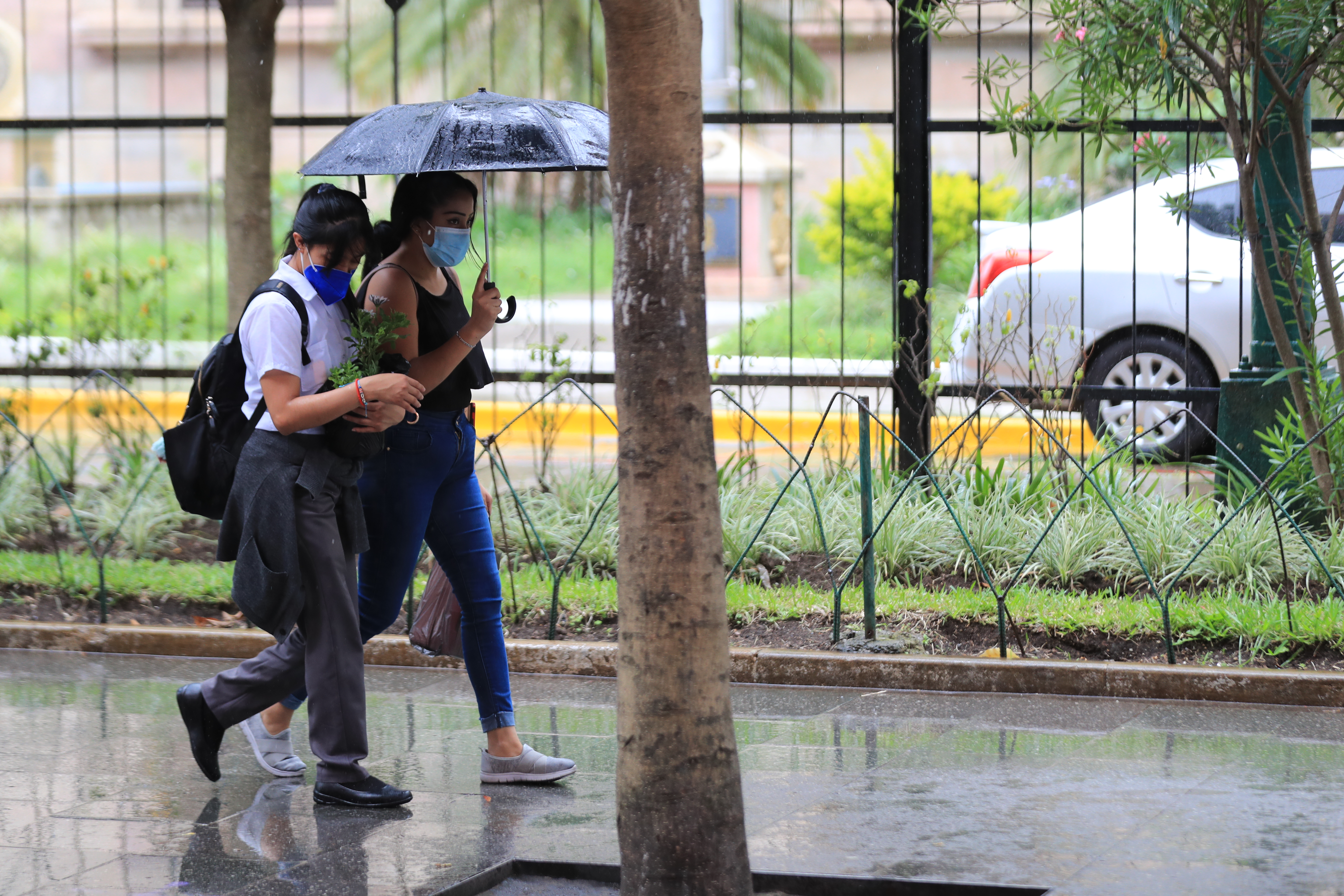 Personas se protegen de la lluvia en la sexta avenida de la zona 1. (Foto Prensa Libre: Byron García)