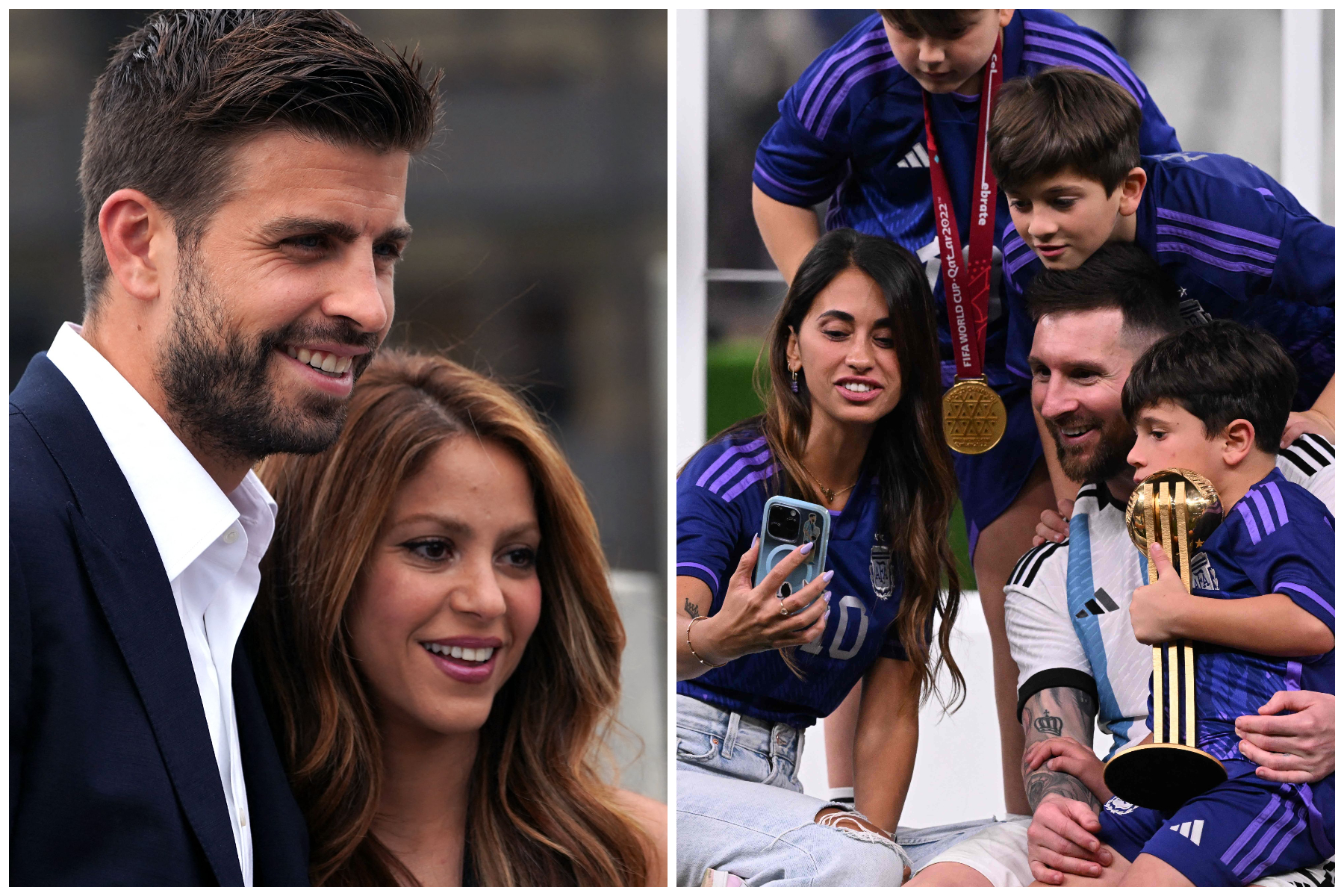 Internautas, luego de ver el amor entre Messi y Antonela Roccuzzo en la final de la Copa del Mundo, reprocharon a Piqué la supuesta infidelidad a Shakira. (Foto Prensa Libre: Hemeroteca PL y AFP).