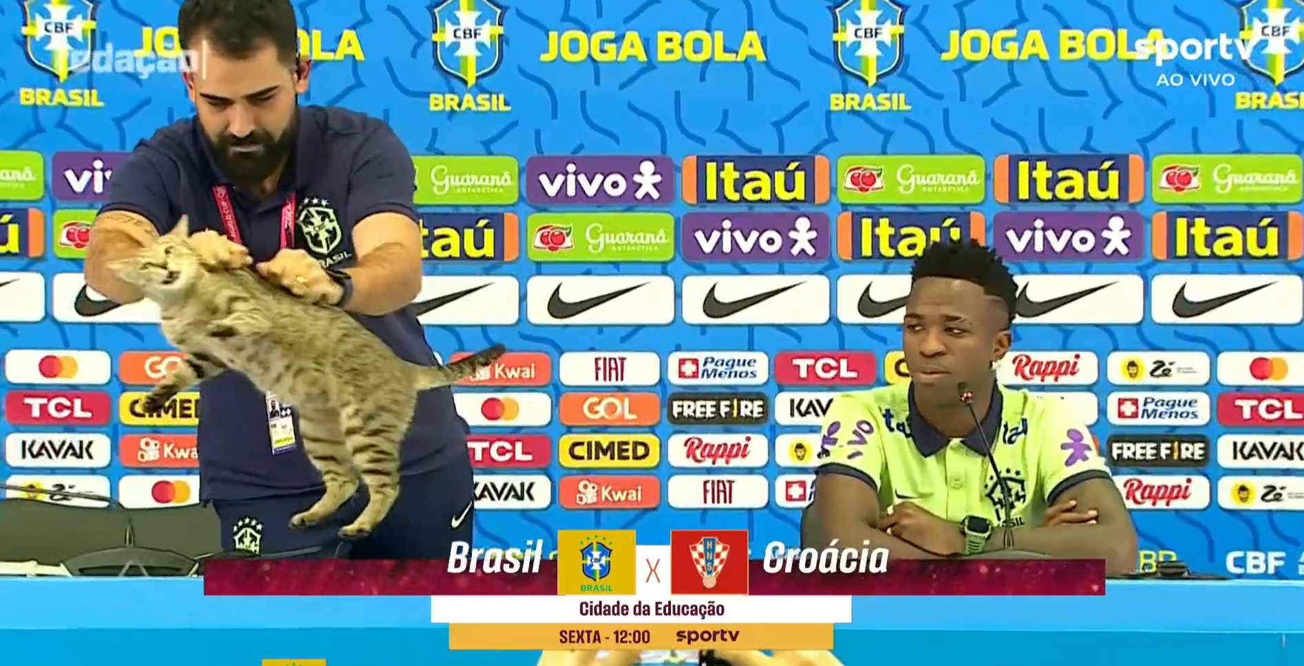 Aunque no fue desde una altura considerable, Rodrigues lanzó al gato de una manera poco prudente y fue duramente criticado en redes sociales. (Foto Prensa Libre: Captura de Pantalla)