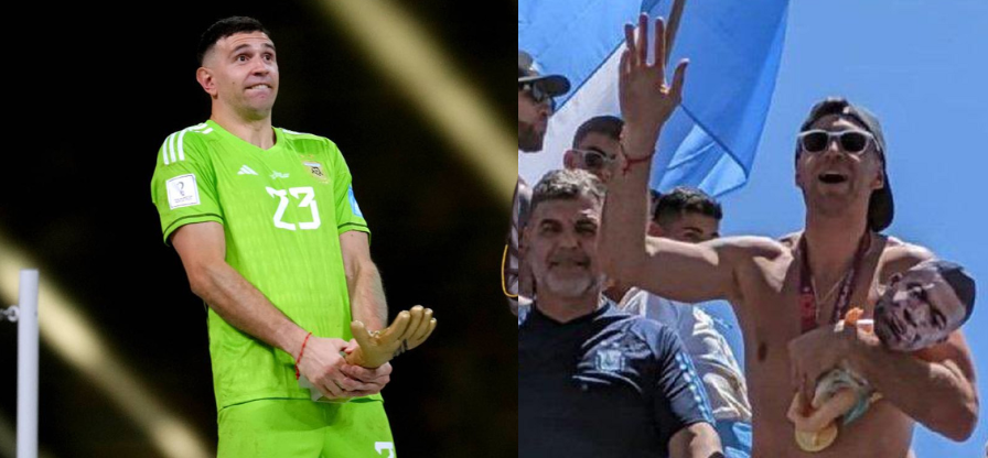 El guardameta argentino tuvo polémicos festejos tras ganar el Mundial que ahora le puede costar una sanción económica a la AFA. (Foto Prensa Libre: Captura).