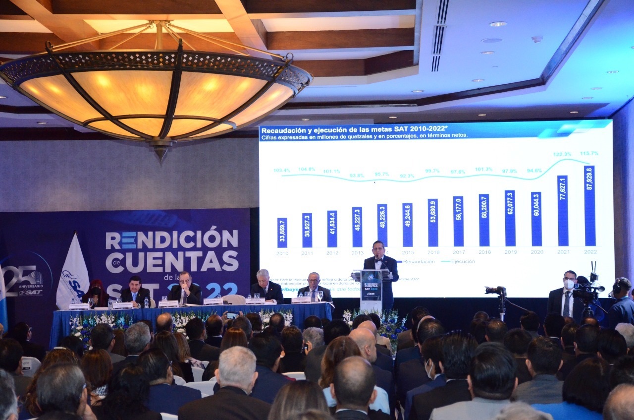 El superintendente de Recaudación Tributaria, Marco Livio Díaz, rindió este miércoles 11 de enero  de 2023, el informe de desempeño durante 2022. (Foto Prensa Libre: cortesía SAT).