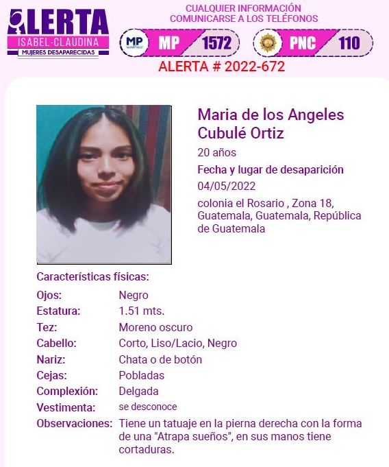 María de los Ángeles Cubulé Ortiz, 20, una de las siete mujeres que fueron halladas muertas en una fosa en la zona 18 de la capital. (Foto Prensa Libre:)