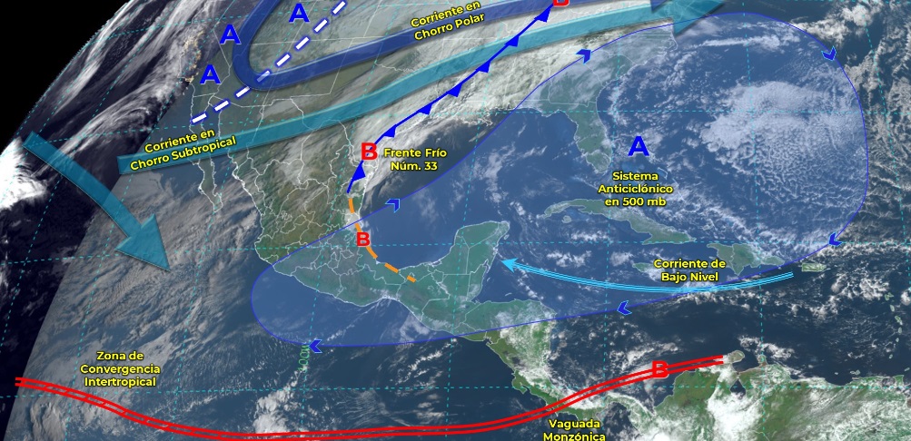 El frente frío se desplaza hacia la Península de Yucatán cerca de Guatemala. (Foto Prensa Libre: Servicio Meteorológico)