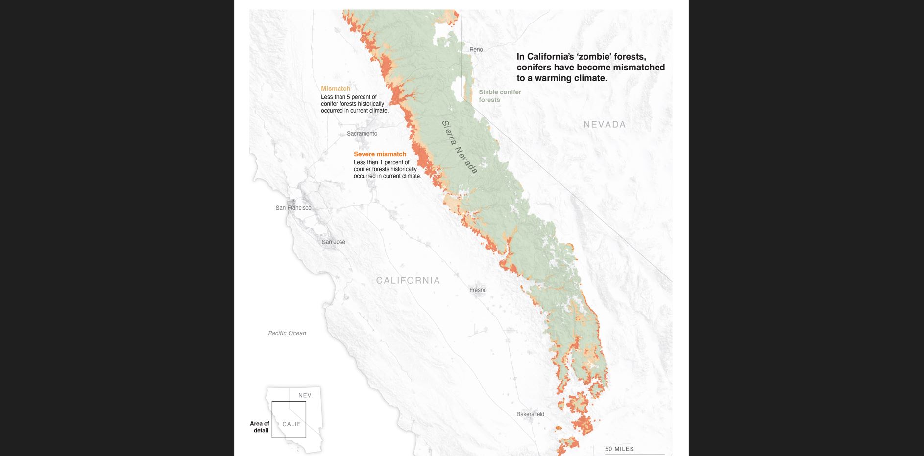 Un clima más cálido ha dejado a una quinta parte de los bosques de coníferas que cubren la Sierra Nevada de California varados en hábitats que ya no les convienen, según un estudio publicado la semana pasada por investigadores de la Universidad de Stanford.