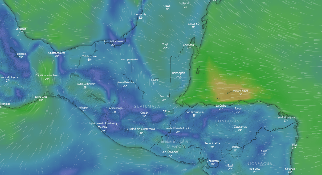 En la mayor parte del país, se prevé un ambiente cálido para este fin de semana del 25 y 26 de marzo. (Foto Prensa Libre: sitio Windy)