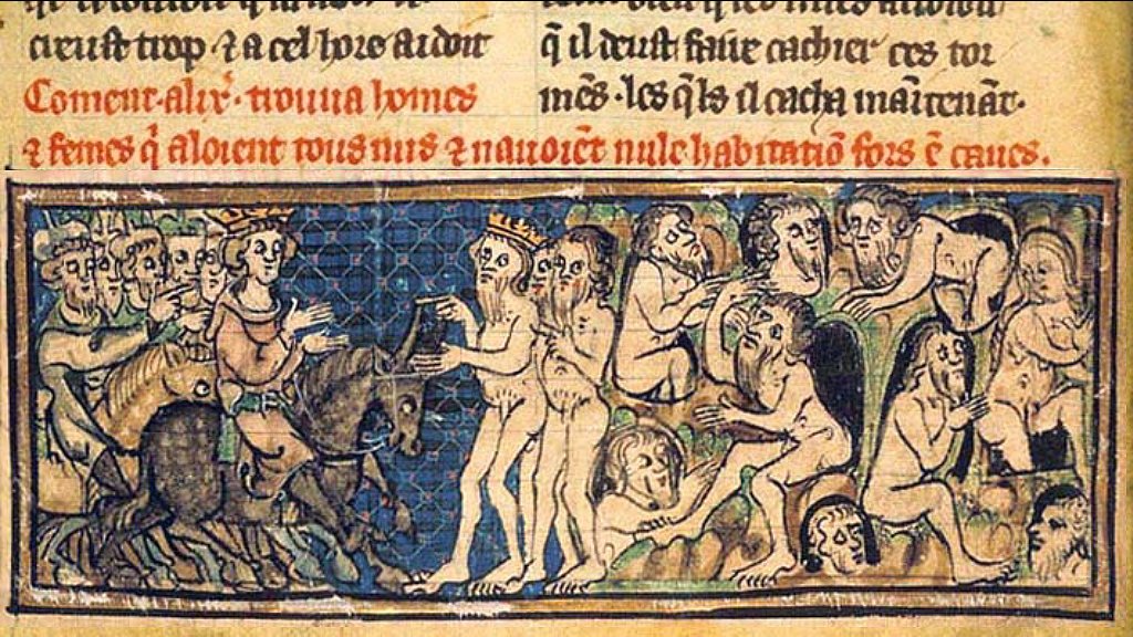 Ilustración medieval del encuentro de Alejandro Magno con los gimnosofistas, (~1420).