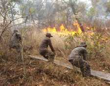 Extensas zonas de bosque son afectadas por incendios forestales en Petén, donde personal de varias instituciones trabajan para apagar las llamas. (Foto Prensa Libre: Cortesía Ejército de Guatemala)
