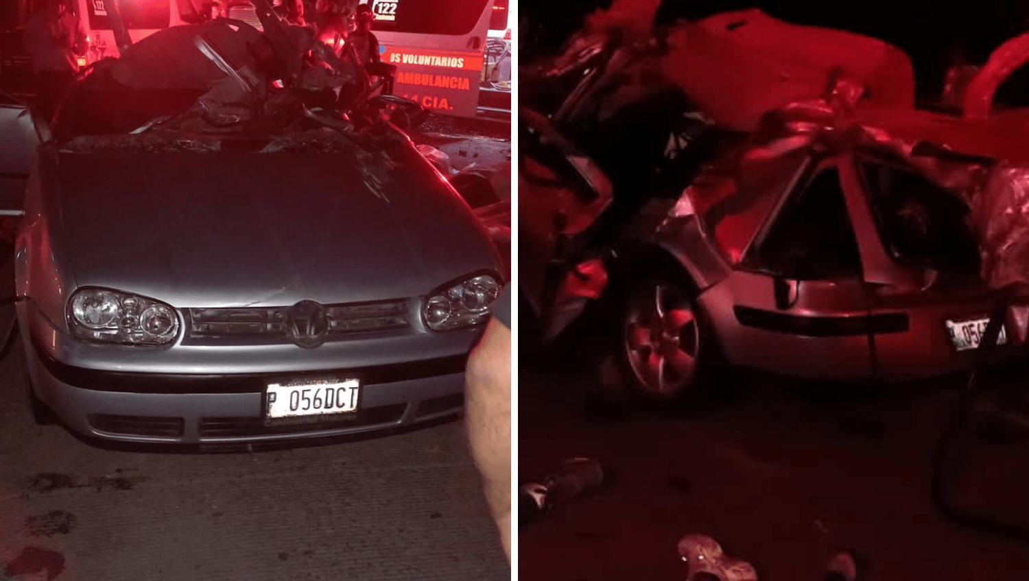 El vehículo en el que viajaban las tres víctimas quedó destruido. (Foto Prensa Libre: Bomberos Voluntarios)