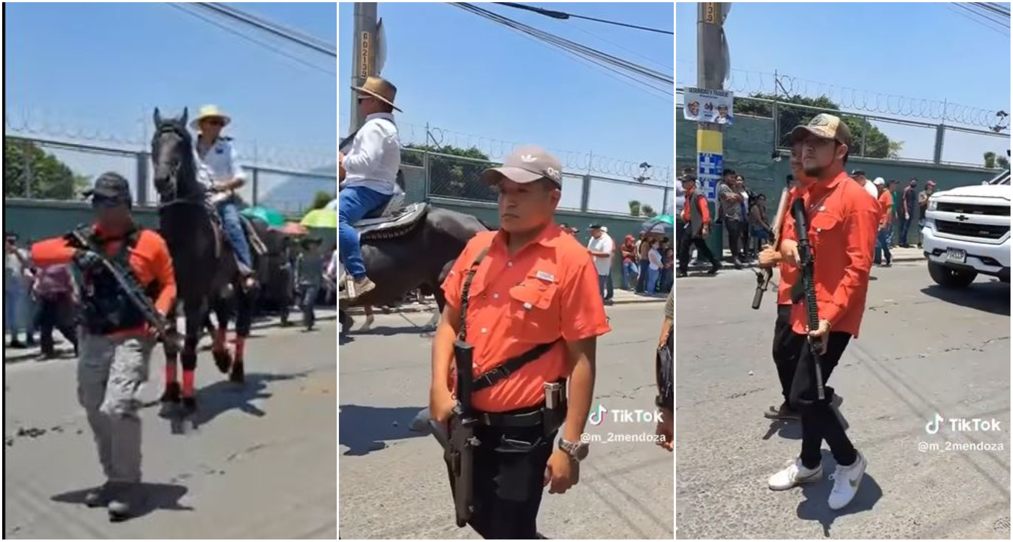 Sujetos vestidos con camisas anaranjadas que portan armas de grueso calibre participaron como custodios de personas que montaban a caballo en desfile de Amatitlán, Guatemala. (Foto Prensa Libre: captura de pantalla).