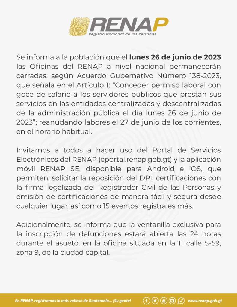 Renap anuncia que el 26 de junio sus oficinas permanecerán cerradas