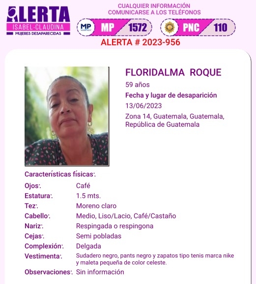 Floridalma Roque, de 59 años, viajó a Guatemala para someterse a una cirugía estética. Desde el 13 de junio está desaparecida y sus familiares la buscan. (Foto Prensa Libre: (Alerta Isabel-Claudina).