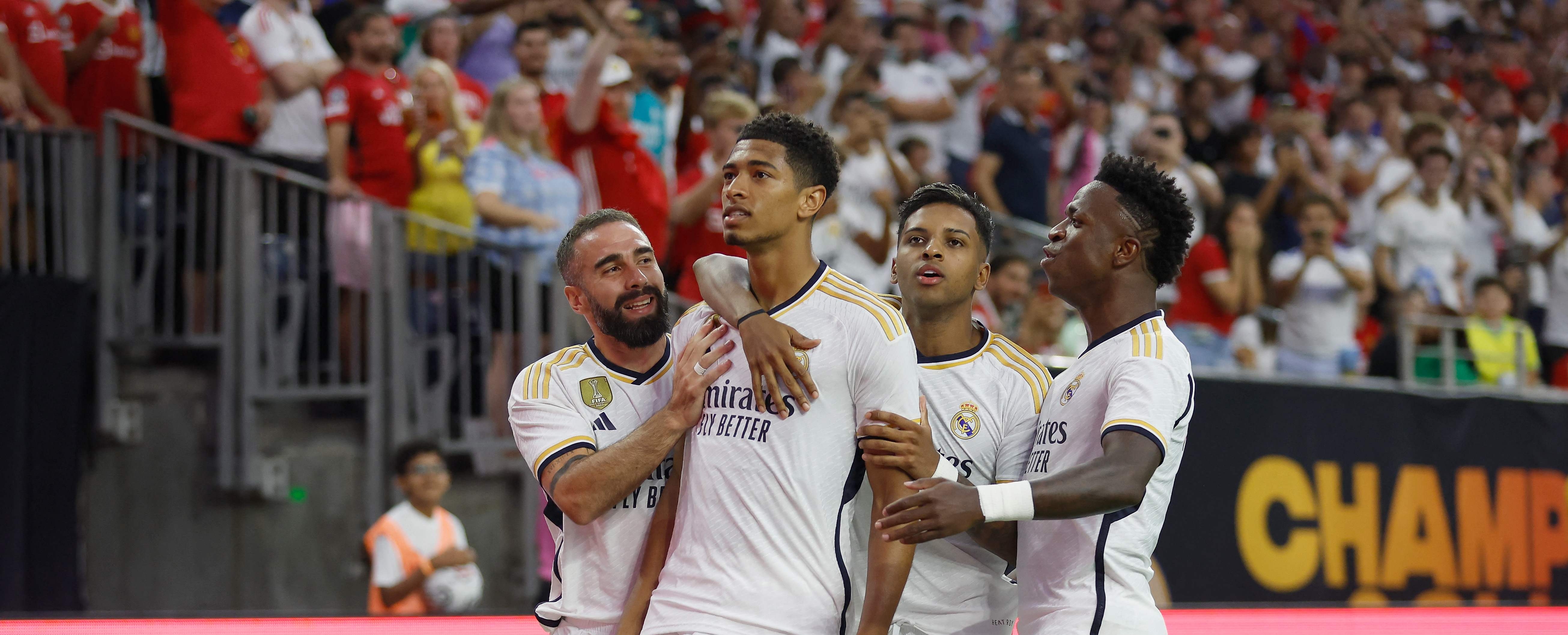 Bellingham festeja su primera anotación con el Real Madrid. (Foto Prensa Libre: AFP)