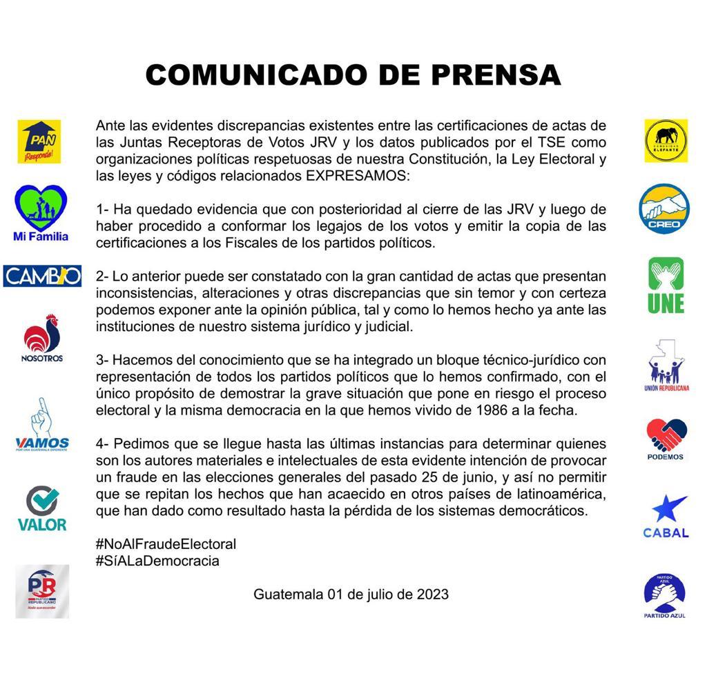 comunicado de partidos políticos de Guatemala