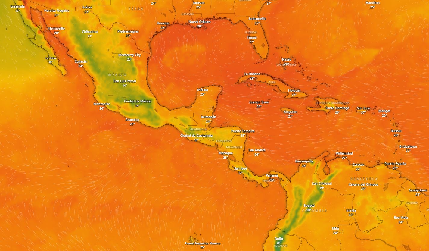 Mapa de temperaturas en parte de América. (Foto Prensa Libre: Windy)