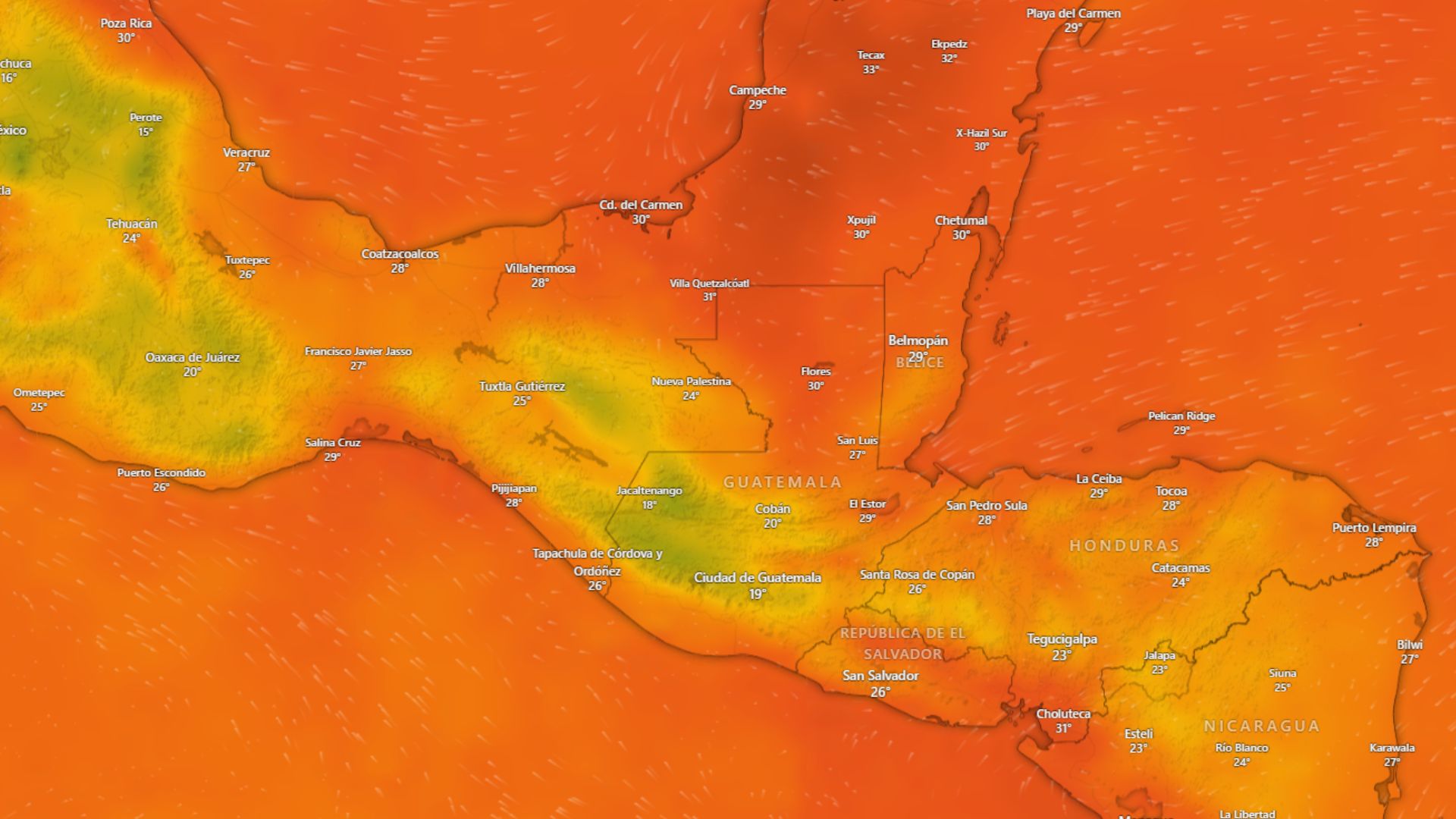 El Insivumeh amplió información sobre las condiciones del clima que se esperan durante julio 2023. (Foto Prensa Libre: mapa de pronóstico Windy.com) 