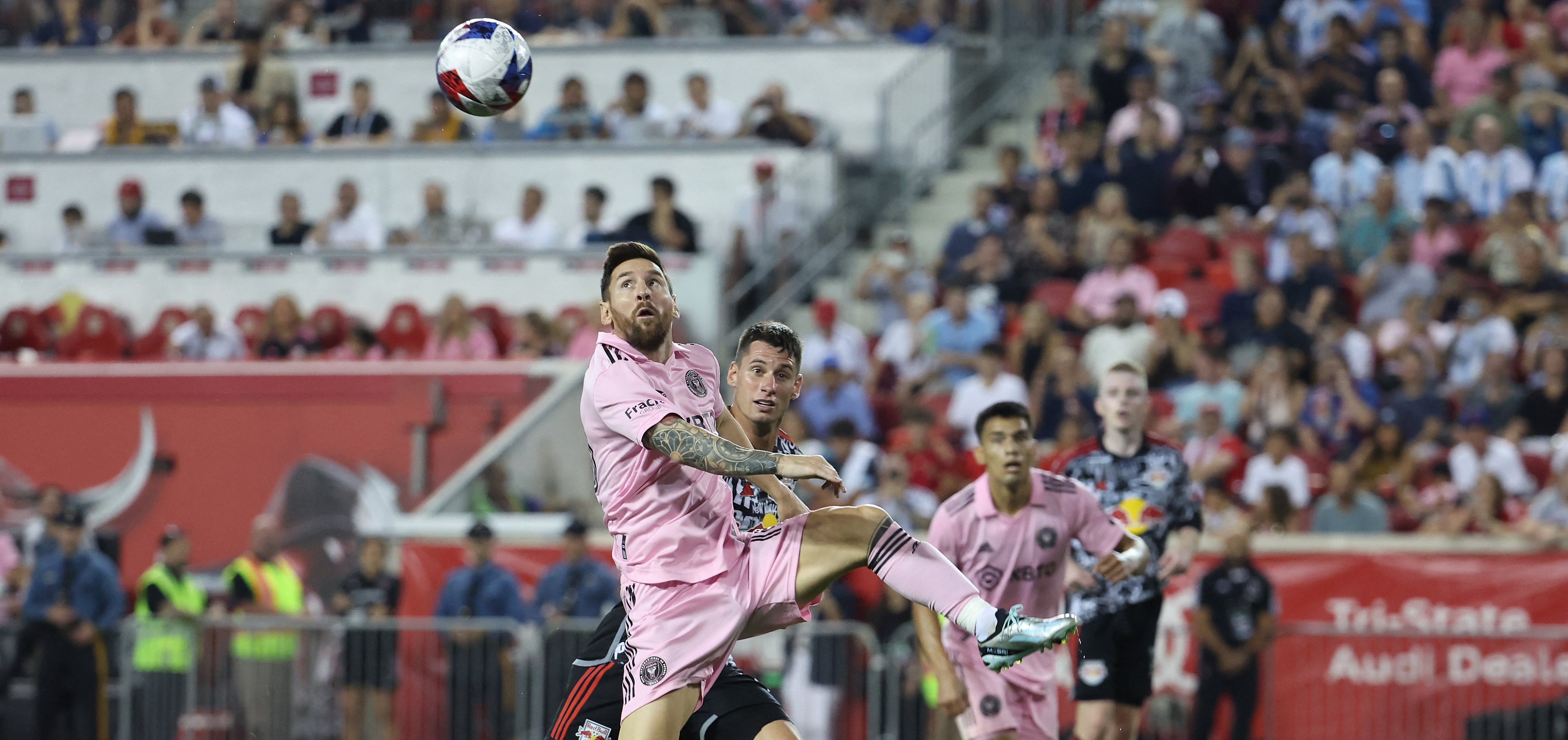 HARRISON, NEW JERSEY - AUGUST 26: Lionel Messi #10 of Inter Miami CF jumps for the ball in the second half during a match between Inter Miami CF and New York Red Bulls at Red Bull Arena on August 26, 2023 in Harrison, New Jersey.   Al Bello/Getty Images/AFP (Photo by AL BELLO / GETTY IMAGES NORTH AMERICA / Getty Images via AFP)