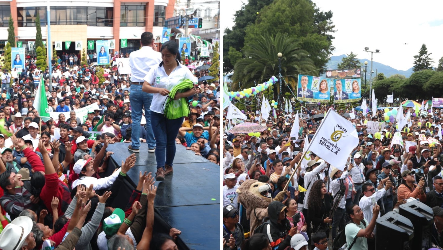 Sandra Torres, de la Unidad Nacional de la Esperanza (UNE), y Bernardo Arévalo, del Movimiento Semilla, hicieron una gira este fin de semana por Quiché, Huehuetenango y San Marcos. (Foto Prensa Libre: Elmer Vargas) 