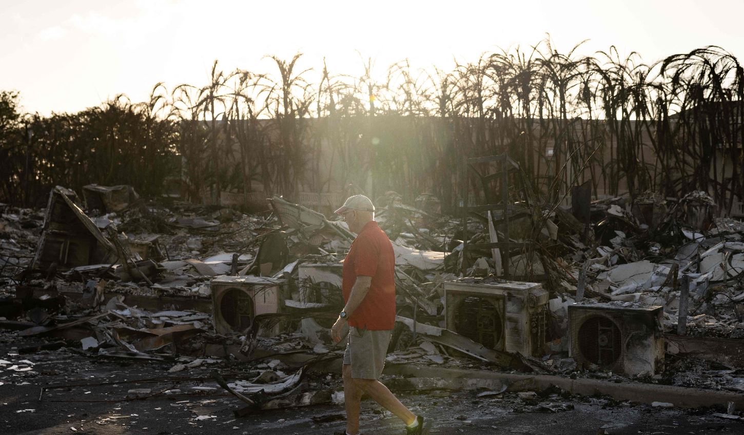 Un residente mira alrededor de un complejo de apartamentos quemados después de un incendio forestal en Lahaina, en el oeste de Maui, Hawái. (Foto Prensa Libre: Foto de Yuki IWAMURA / AFP)