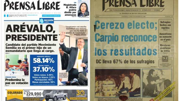 Portadas de Prensa Libre de cuando ganó la presidencia Vinicio Cerezo en 1985 y Bernardo Arévalo en 2023. (Foto Prensa Libre: Hemeroteca PL).