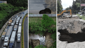 El nuevo hundimiento de Villa Nueva ocurrió en el kilómetro 17.5 de la ruta al Pacífico. (Foto Prensa Libre: Roberto López) 