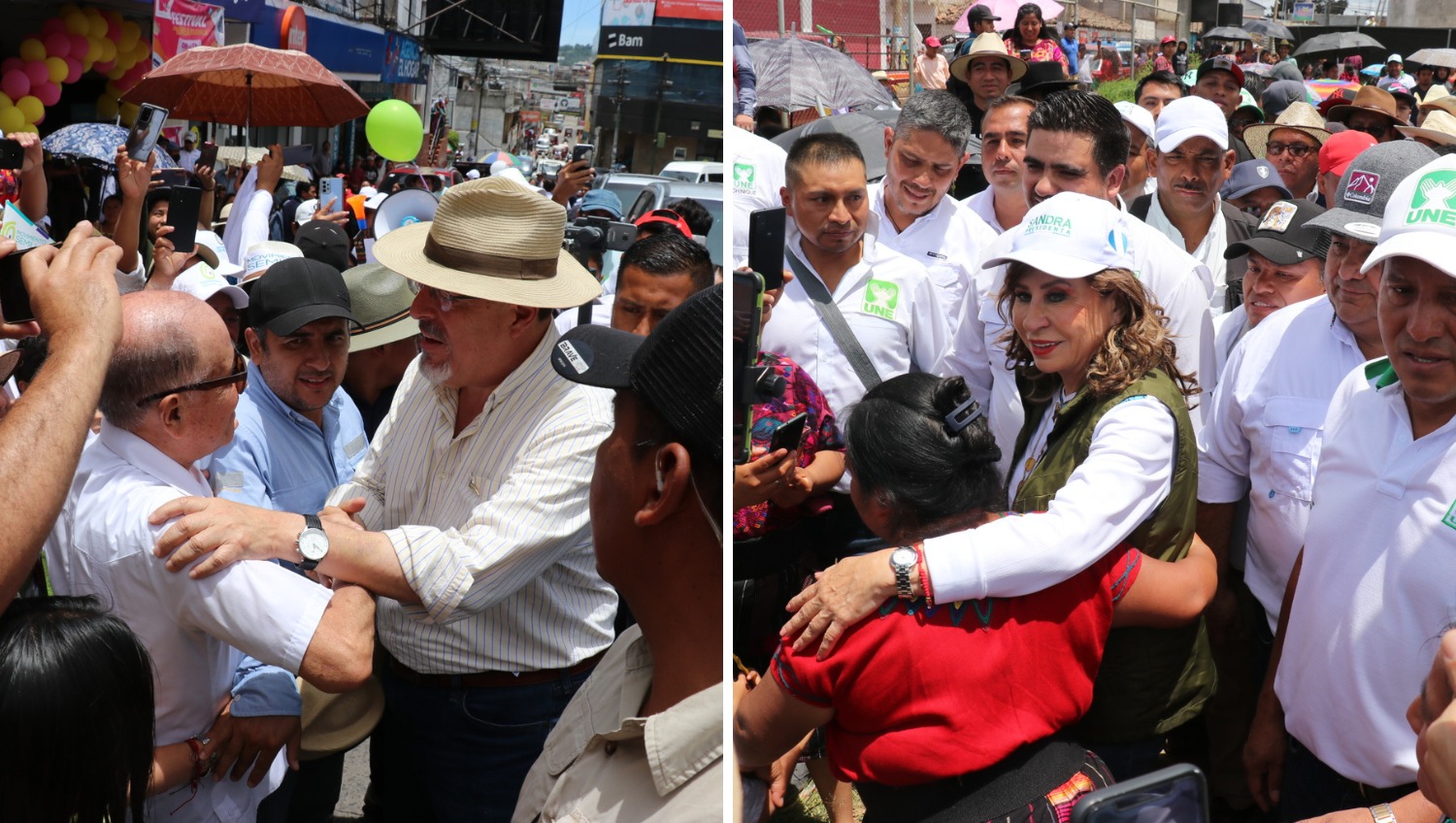 Bernardo Arévalo, de Movimiento Semilla, y Sandra Torres, de la UNE, llegaron a Quiché. (Foto Prensa Libre: Héctor Cordero)