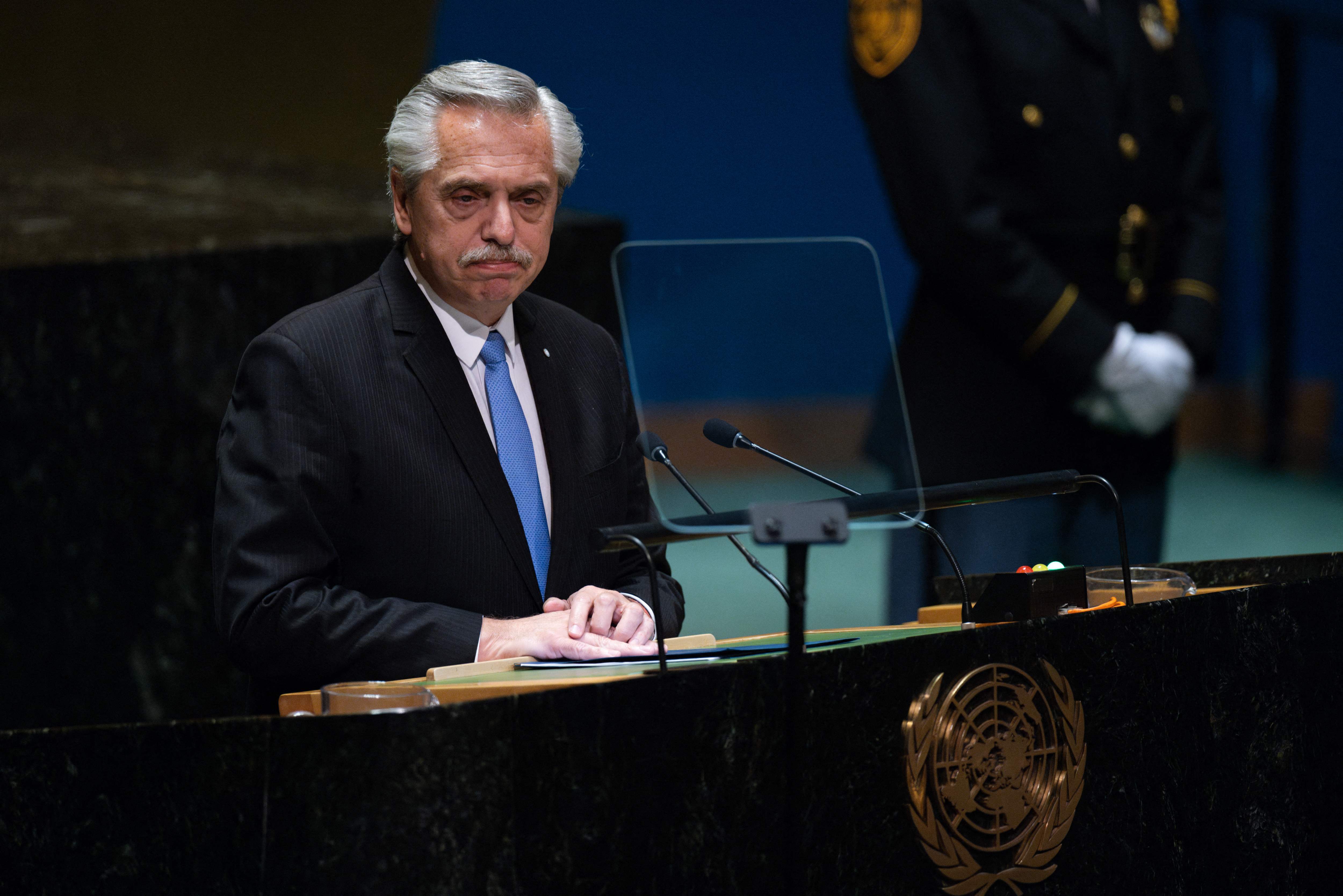 El presidente de Argentina, Alberto Fernández, expresó preocupación sobre la situación de Guatemala en la asamblea de las Naciones Unidas que se llevó a cabo este martes. (Foto Prensa Libre: Adam Gray / GETTY IMAGES NORTH AMERICA / Getty Images via AFP)