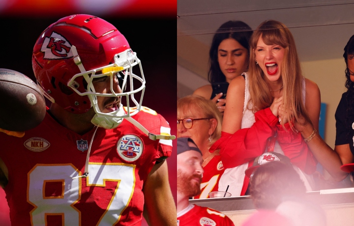 Luego de que Taylor Swift apareciera en el último partido de los Kansas City Chiefs, las camisetas del jugador Travis Kelce aumentaron un 400% ante los rumores de una supuesta relación entre la cantante y el deportista. (Foto Prensa Libre: AFP)