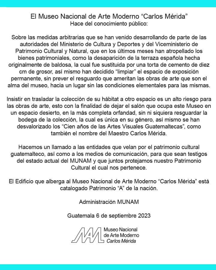 Autoridades del Museo Nacional de Arte Moderno “Carlos Mérida” denuncian irresponsabilidad del Ministerio de Cultura y Deportes 