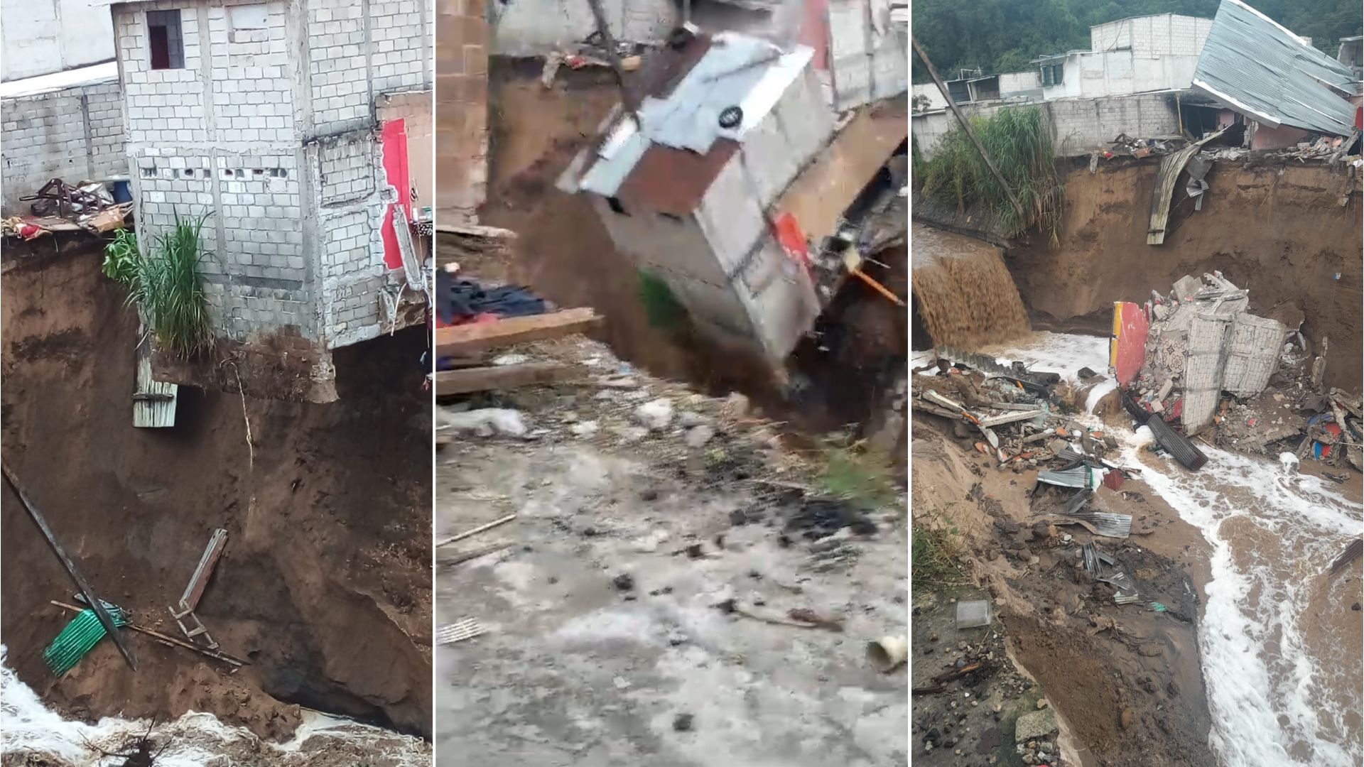 Momento en que una casa se desplomaba hacia el cauce de un río en Villa Hermosa, San Miguel Petapa. (Foto Prensa Libre: cortesía)